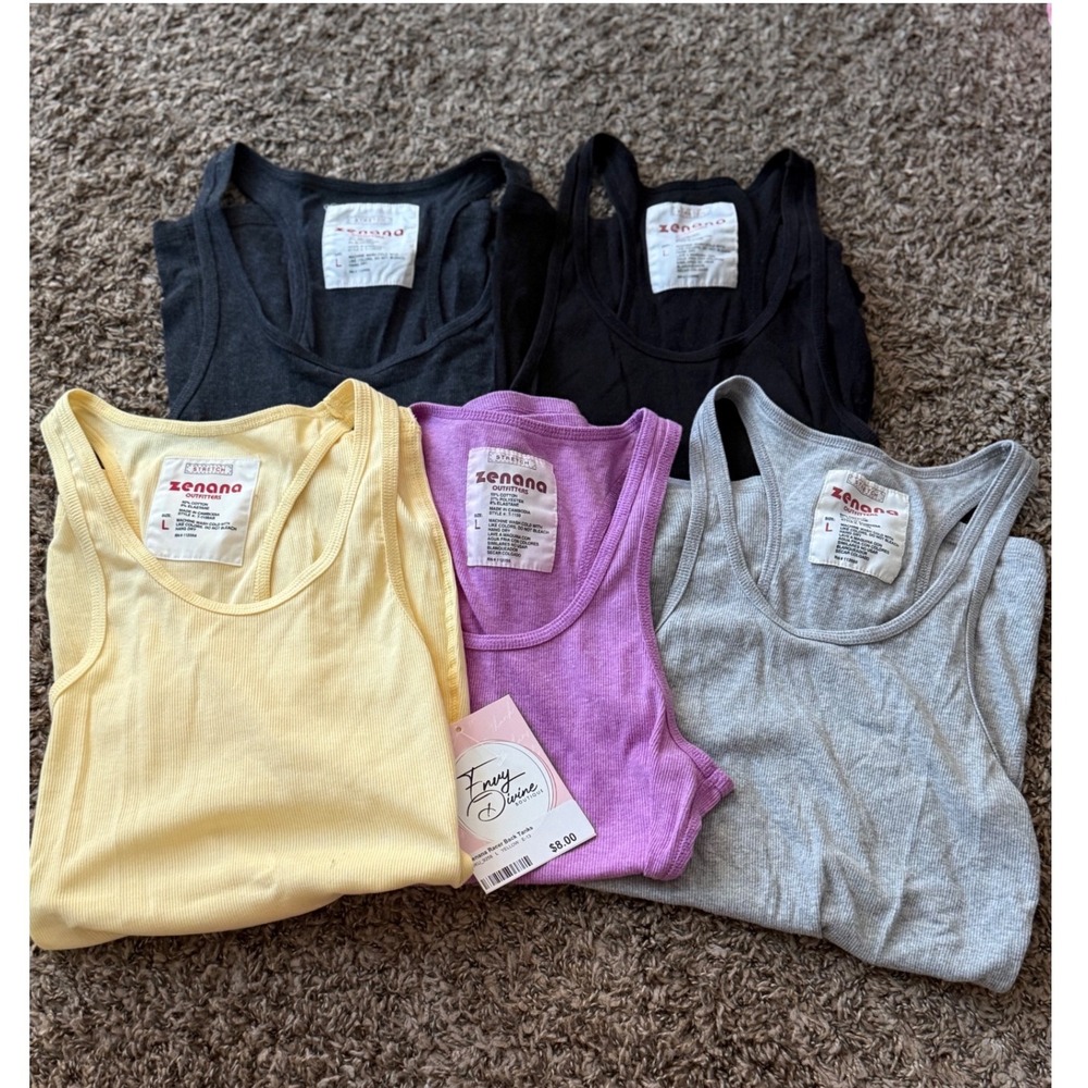 Zenana Outfitters Ribbed Racerback Tank Top Bundle 5pc Black Grey Yellow Large